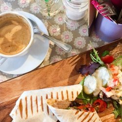 The Creel Coffee House & Restaurant - Meat ball wrap (on special) & flat white