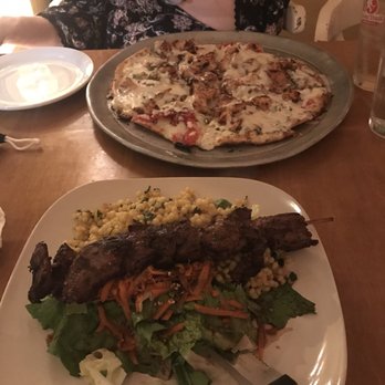 Olive Cafe - That was the chicken pizza and the lamb platter with sweet potato fries - Mediterranean Near Me - Portland, Maine