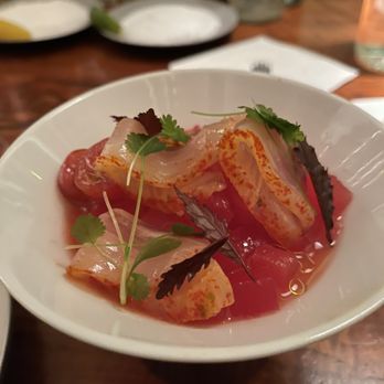 PRESS - Hamachi cured in citrus with water melon and deliciousness! - Bars Near Me - St. Helena, California PRESS - Hamachi cured in citrus with water melon and deliciousness! - Bars Near Me - St. Helena, California