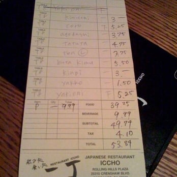 Iccho Restaurant - Our Bill... Food for 3, plus beer. - Sushi Bars Near Me - Torrance, California