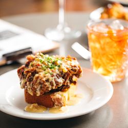 The Church Inn - Our Smothered Fried Chicken on Corn Bread with an Old Fashioned Cocktail on the Side
