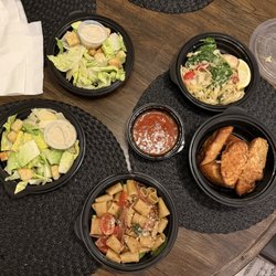 Noodles and Company - Pasta Fresca Duo with Caesar Salad, Lemon Garlic Shrimp Scampi Duo with Caesar salad, Cheesy Garlic Bread cwd