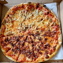Large cheese pizza, half bacon half meatball. Large cheese pizza, half bacon half meatball.