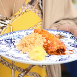Culinary Delight Catering - Tri tip enchiladas, Spanish rice, corn cakes