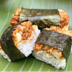This Musubi Love - Crispy fried chicken tender tossed in Bachan's Japanese BBQ sauce, Furikake, and choice of Kewpie or Spicy Mayo