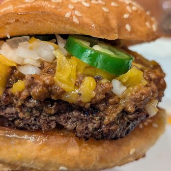 Scotty P's - Allen - Chili cheeseburger with onions and jalapenos  The Preston trail - Burgers Near Me - Allen, Texas