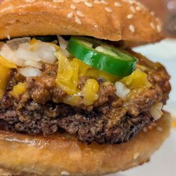 Chili cheeseburger with onions and jalapenos The Preston trail