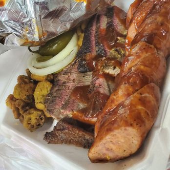 RJ BBQ - Sausage and brisket, fried okra and beans. - Barbeque Near Me - San Angelo, Texas
