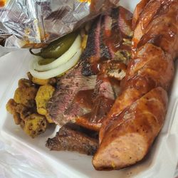 RJ BBQ - Sausage and brisket, fried okra and beans.