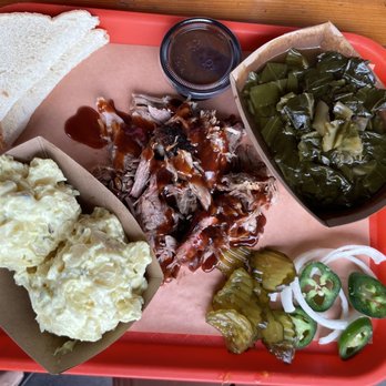 Count Porkula BBQ - Pulled pork with turnip greens and mustard potato salad - Barbeque Near Me - Little Rock, Arkansas Count Porkula BBQ - Pulled pork with turnip greens and mustard potato salad - Barbeque Near Me - Little Rock, Arkansas
