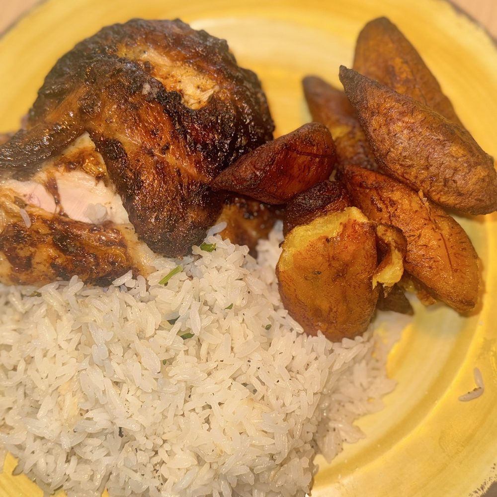 Quarter chicken, plantains and white rice. Tasted good, especially with the Amarillo (yellow) and Salsa Verde sauce! Quarter chicken, plantains and white rice. Tasted good, especially with the Amarillo (yellow) and Salsa Verde sauce!