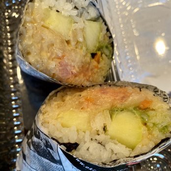 Oki Maki - White rice, spicy tuna, spicy Mayo, cucumber, avocado, Asian slaw, tempura crunch sushi burrito - Ramen Near Me - Voorhees Township, New Jersey Oki Maki - White rice, spicy tuna, spicy Mayo, cucumber, avocado, Asian slaw, tempura crunch sushi burrito - Ramen Near Me - Voorhees Township, New Jersey