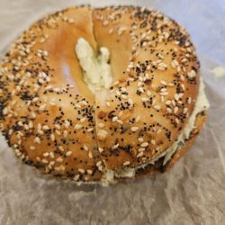 West End Bagels - Everything bagel with garlic herb cream cheese
