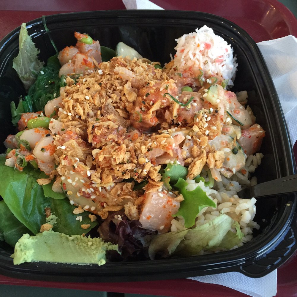 Poki Bar - Arcadia - Medium bowl (3 items) w/ salmon, yellowtail and scallops. - Sushi Bars Near Me - Arcadia, California Poki Bar - Arcadia - Medium bowl (3 items) w/ salmon, yellowtail and scallops. - Sushi Bars Near Me - Arcadia, California