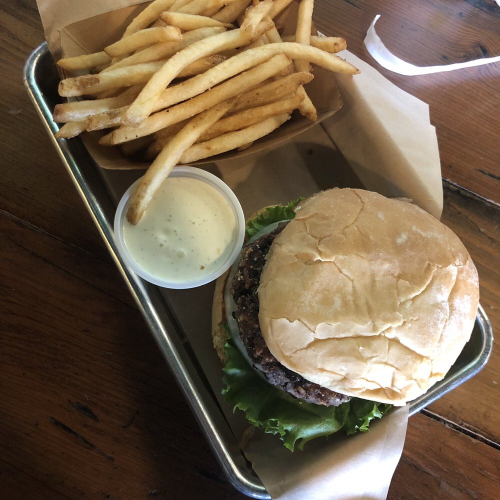 Grassburger - Black bean burger on a potato bun, fries, and green Chile ranch - Burgers Near Me - Albuquerque, New Mexico Grassburger - Black bean burger on a potato bun, fries, and green Chile ranch - Burgers Near Me - Albuquerque, New Mexico