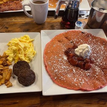Oy! - Strawberry pancake: cheese eggs. Sausage patty. Home fries. - Breakfast & Brunch Near Me - Buford, Georgia Oy! - Strawberry pancake: cheese eggs. Sausage patty. Home fries. - Breakfast & Brunch Near Me - Buford, Georgia