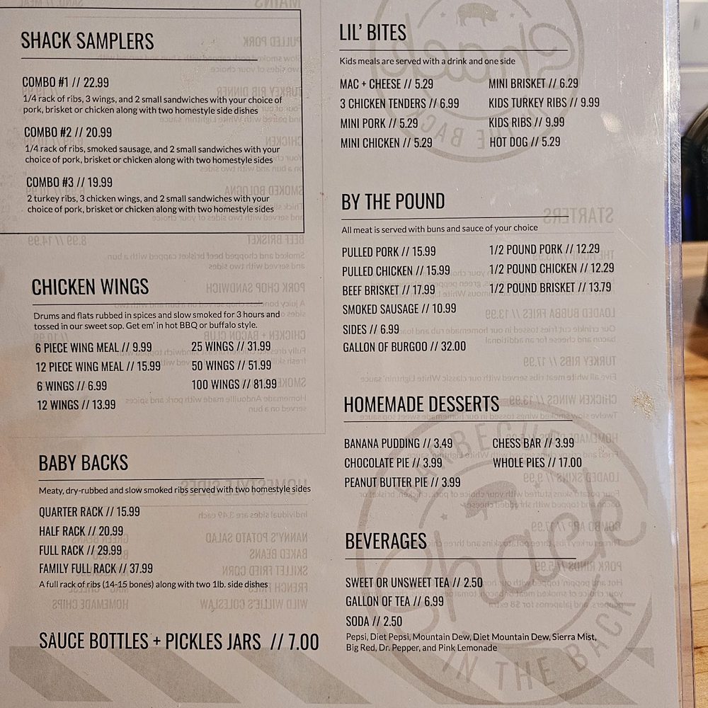 Shack in the Back BBQ - Menu 2/2 - Barbeque Near Me - Fairdale, Kentucky Shack in the Back BBQ - Menu 2/2 - Barbeque Near Me - Fairdale, Kentucky