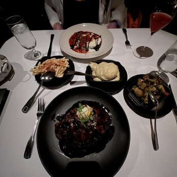 The Cellar Restaurant - Ribeye for me, eggplant for her. Sides of Macaroni and Cheese, Brusselsprouts and mashed potatoes. - French Near Me - Fullerton, California The Cellar Restaurant - Ribeye for me, eggplant for her. Sides of Macaroni and Cheese, Brusselsprouts and mashed potatoes. - French Near Me - Fullerton, California