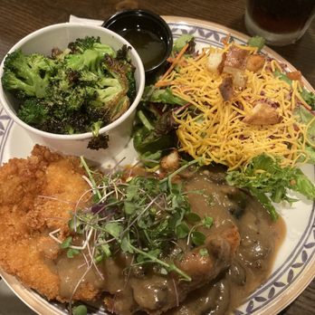 Rathskeller - Chicken Schnitzel with some epic roasted broccoli and a delicious salad with amazing dressing! - German Near Me - Elkridge, Maryland