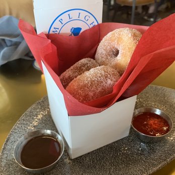 Lamplight Lounge - Donuts for dessert!! Chocolate sauce on the left, and raspberry sauce with pop rocks on the right. - New American Near Me - Anaheim, California Lamplight Lounge - Donuts for dessert!! Chocolate sauce on the left, and raspberry sauce with pop rocks on the right. - New American Near Me - Anaheim, California