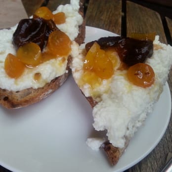 Bartavelle Cafe - Honey ricotta toast with dates and candied kumquats ($6). Fruits rotated seasonally - Coffee & Tea Near Me - Berkeley, California