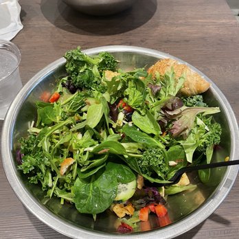 Salata - regular salad with a spinach/spring mix/kale base, lots of fruits, chicken, and side of multigrain croissant - Salad Near Me - Flower Mound, Texas