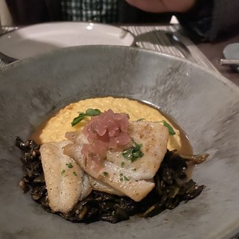 Peppervine - Trout with collards and grits - New American Near Me - Charlotte, North Carolina Peppervine - Trout with collards and grits - New American Near Me - Charlotte, North Carolina