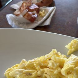 Perkins American Food - Scrambled eggs and "extra crispy bacon" that was hardly cooked at all