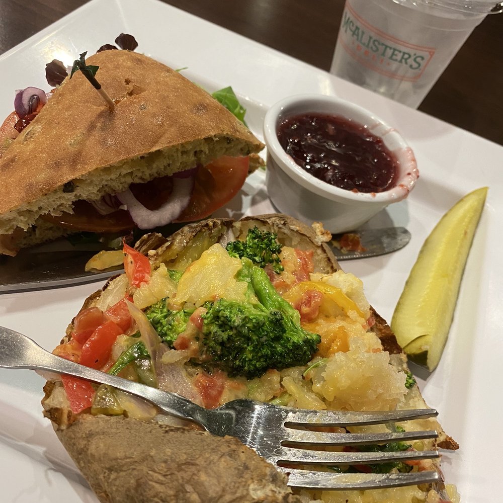 McAlister's Deli - Pick 2 with the king club on jalapeño bread with a side of their orange cranberry sauce and a veggie spud - Delis Near Me - Arlington, Texas McAlister's Deli - Pick 2 with the king club on jalapeño bread with a side of their orange cranberry sauce and a veggie spud - Delis Near Me - Arlington, Texas