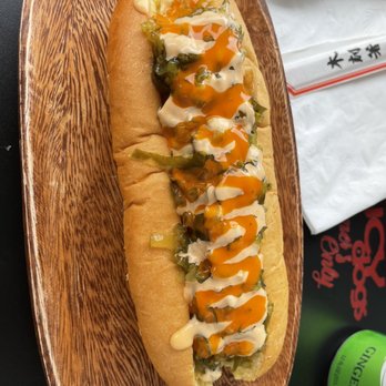 Saucy Dogs - Spicy dog w/ relish and jalapeños, spicy mayo and buffalo, toasted - Hot Dogs Near Me - Hilo, Hawaii