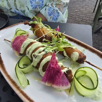 The Saint Clair - Merguez corn dog with harissa yogurt - American Near Me - Montclair, New Jersey