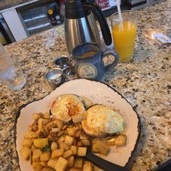 Egg Harbor Cafe - Coffee with with French vanilla syrup, OJ, Barrington Benedict with home fries.