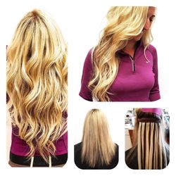 True Salon - 22" Flat-Tip Babe Hair Extensions in "Dixie" and "Daisy" colors blending with existing hair color adding fullness and length.