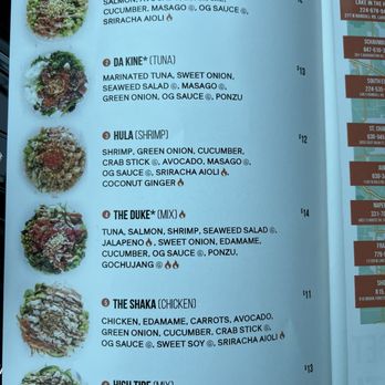 Poke Bros - Menu displays six poke bowls with accompanying images, names, ingredients, and prices. The options include Johnny Utah with salmon, Da Kine with tuna, Hula with shrimp, The Duke with a mix, The Shaka with chicken, and High Tide with a mix. Each bowl lists ingredients such as seafood, vegetables, sauces, and toppings, with some items marked with icons indicating spice levels. The menu is printed on light blue paper with clear, organized text and images of each poke bowl. - Seafood Near Me - Oswego, Illinois