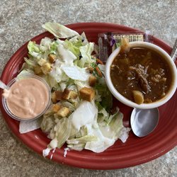 Cozy Diner - Salad and beef vegetable soup (came with pot roast dinner)