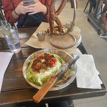J Riley Distillery - Wedge salad and giant pretzel - Distilleries Near Me - Redlands, California