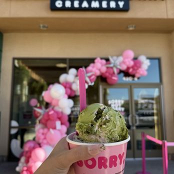 Sorry Not Sorry Creamery - Eastern - Matchaberry brownie and black sesame oreo (seasonal spring '26) double scoop - Ice Cream & Frozen Yogurt Near Me - Las Vegas, Nevada