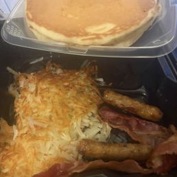 Denny's optional slam  Pancakes, sausage, bacon, and hashbrowns  It was what you would expect