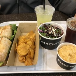 chachi's - Chicken caesar sandwich, Miss Vickie's chips, arugula salad, mac and cheese, craft lemonade and cherry iced tea.