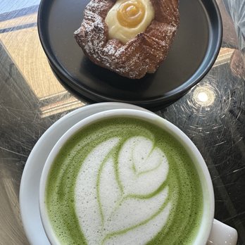 Holos Coffee - Hot matcha latte with oat milk and passion fruit pastry - Coffee & Tea Near Me - Artesia, California Holos Coffee - Hot matcha latte with oat milk and passion fruit pastry - Coffee & Tea Near Me - Artesia, California