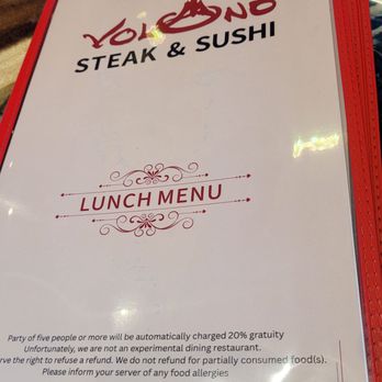 Volcano Steak and Sushi - A colorful menu.. - Sushi Bars Near Me - Dawsonville, Georgia