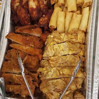 Gina's B-B-Q - Small pan of mix meat jun, chicken katsu, chicken wings, and veggie spring roll (they don't put mandoo anymore) - Korean Near Me - Honolulu, Hawaii Gina's B-B-Q - Small pan of mix meat jun, chicken katsu, chicken wings, and veggie spring roll (they don't put mandoo anymore) - Korean Near Me - Honolulu, Hawaii