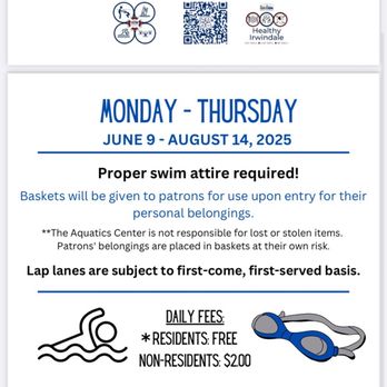 Irwindale Recreation - Lap swim flyer with no information on minimum age to participate. - Recreation Centers Near Me - Irwindale, California Irwindale Recreation - Lap swim flyer with no information on minimum age to participate. - Recreation Centers Near Me - Irwindale, California