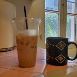 A large iced latte next to a mug for scale. A large iced latte next to a mug for scale.