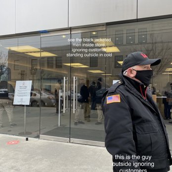 Apple Suburban Square - Check out the tough security staff keeping customers out while they take turns warming up inside store - Computers Near Me - Ardmore, Pennsylvania Apple Suburban Square - Check out the tough security staff keeping customers out while they take turns warming up inside store - Computers Near Me - Ardmore, Pennsylvania