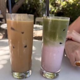 Strawberry  macha and banana bread latte