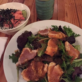 Fukada - Sashimi salad, hot tea, and spicy tuna don - Japanese Near Me - Irvine, California