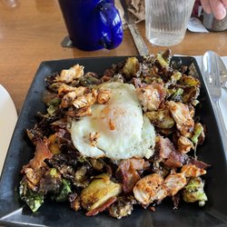 Crosstown Creamery & Diner - Brussel sprouts fried with bacon and grilled chicken topped with a fried egg.