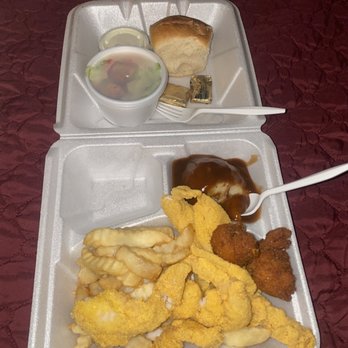 Ozark Cafe - Catfish Meal, French fries, hush puppies, mashed potatoes, tossed salad with ranch , hot bun with butter - Cafes Near Me - West Plains, Missouri Ozark Cafe - Catfish Meal, French fries, hush puppies, mashed potatoes, tossed salad with ranch , hot bun with butter - Cafes Near Me - West Plains, Missouri
