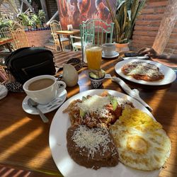 Caffé Todos Santos - Chicken Chilaquiles refried beans and eggs